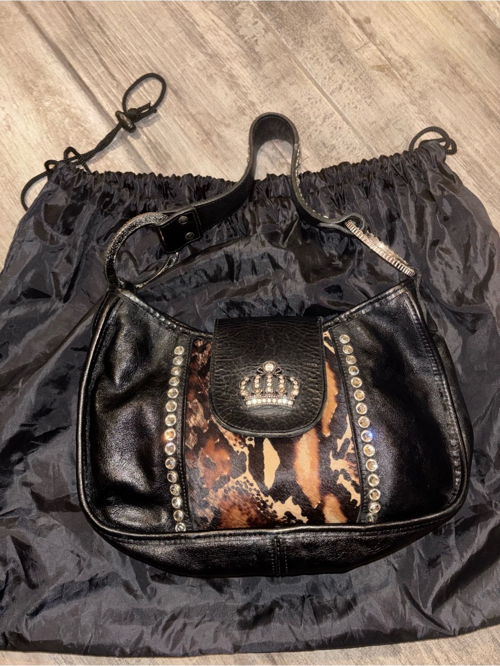 Raviani Black Shoulder Bag with Brown Animal-Print Panel and Crown Accent